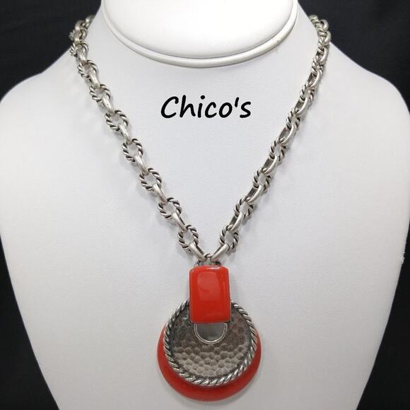 Chico's Red Enamel & Silver Tone Pendant Necklace, 20 Inches - Picture 1 of 11
